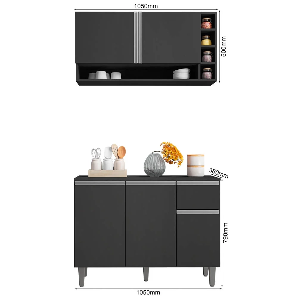 Balcão de cozinha e Armário aéreo Vanessa Cinza Fosco - AJL Móveis