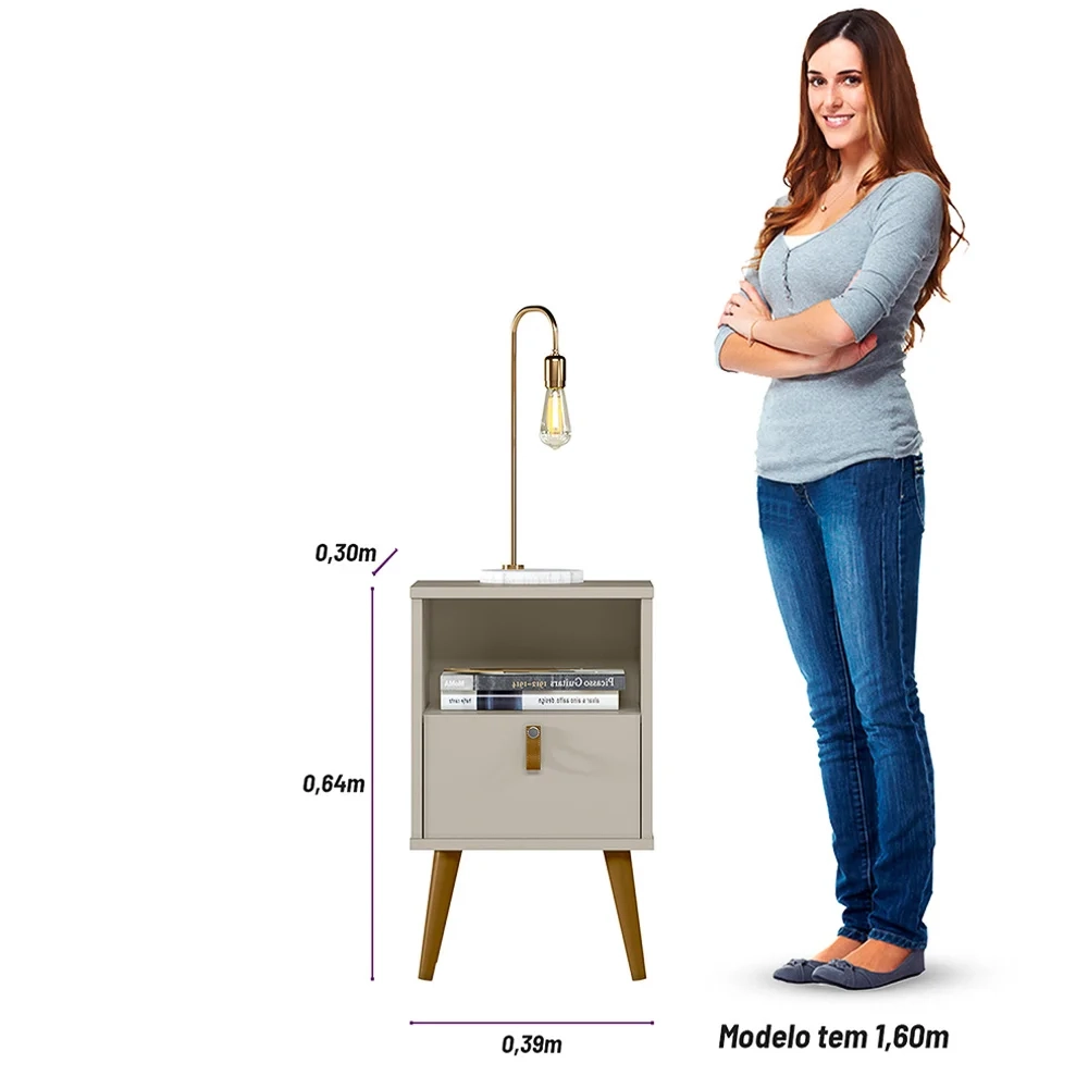 Mesa de Cabeceira Pés Palito 1 Gaveta Bozzi L06 Off White - Mpozenato