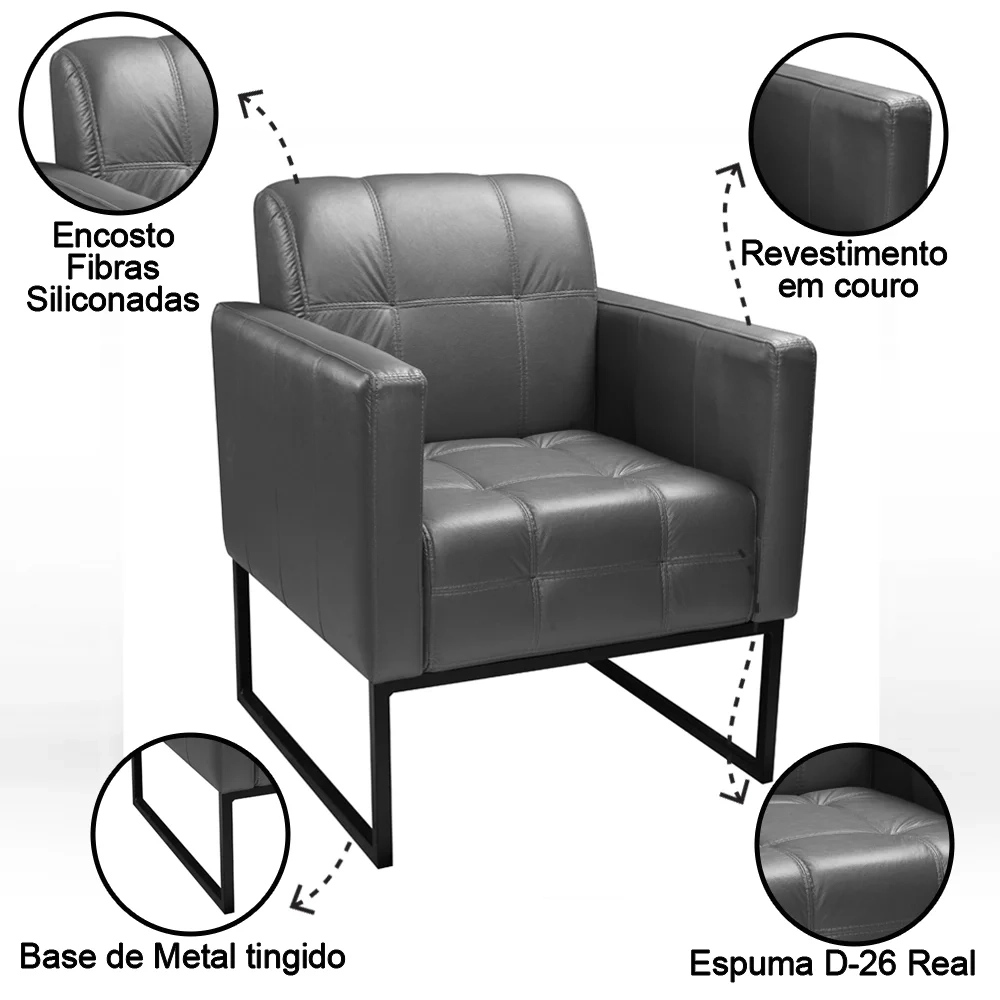Poltrona Decorativa Base Metal Bia Couro Cinza - Scala Decor