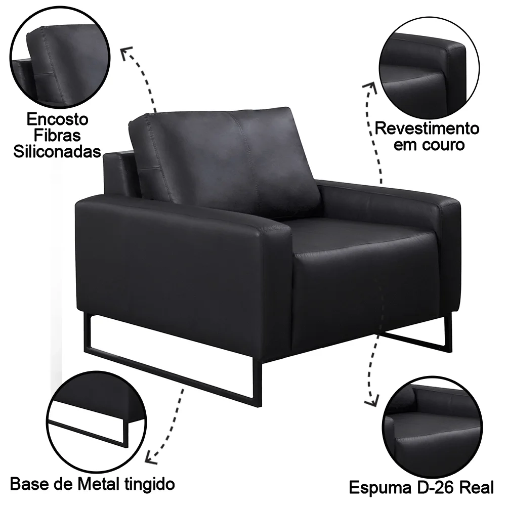 Poltrona Decorativa Base Metal Dallas Couro Preto - Scala Decor