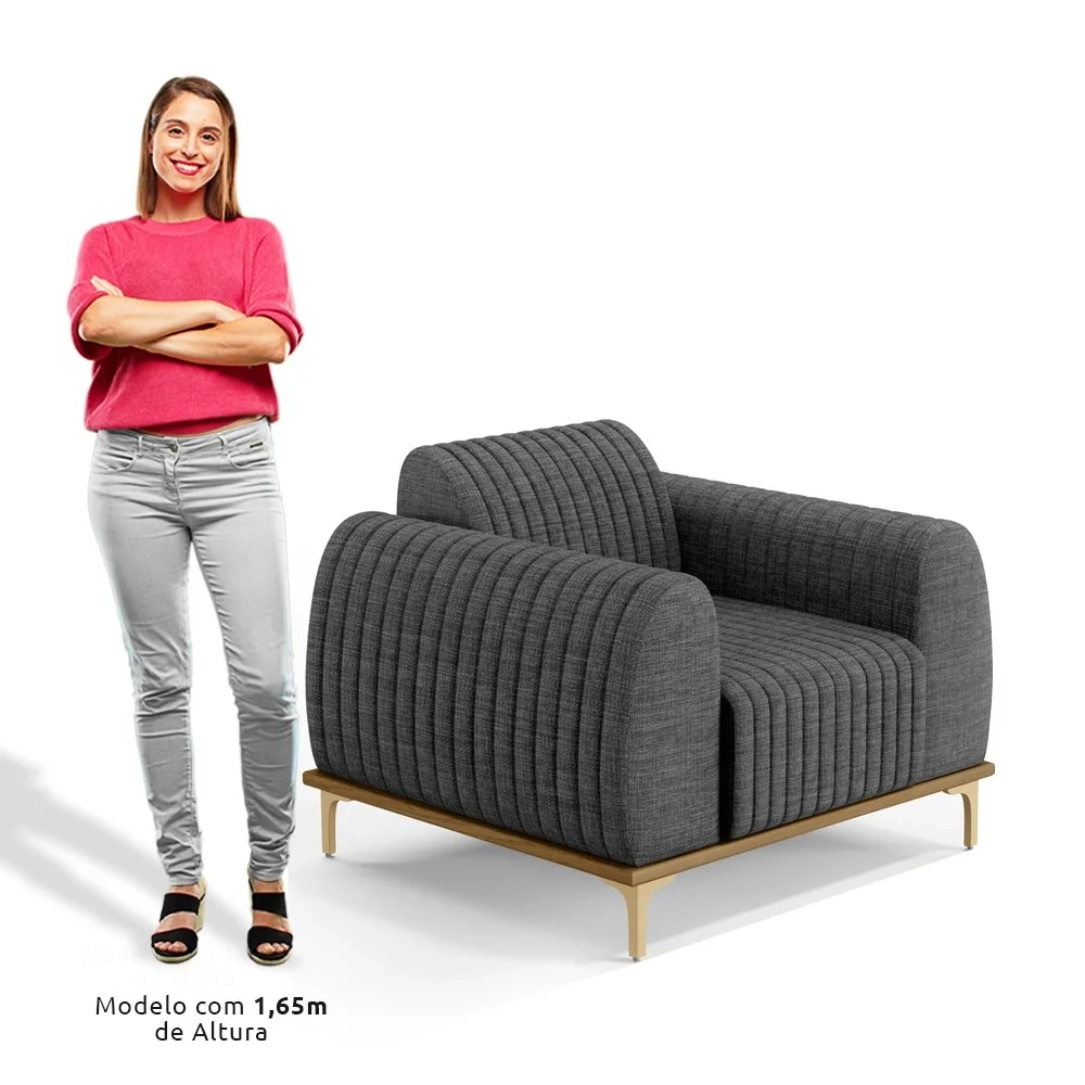 Poltrona Decorativa Base Gold Molino D06 Linho C-416 Cinza Escuro - Mpozenato