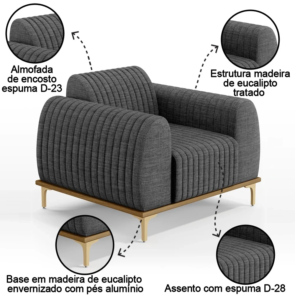 Poltrona Decorativa Base Gold Molino D06 Linho C-416 Cinza Escuro - Mpozenato