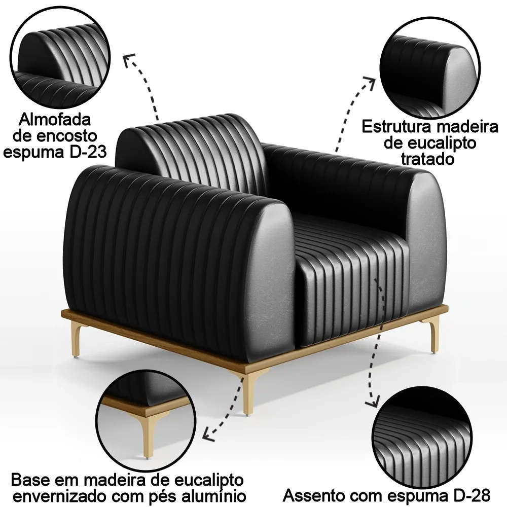 Poltrona Decorativa Base Gold Molino D06 PU B-159 Preto - Mpozenato