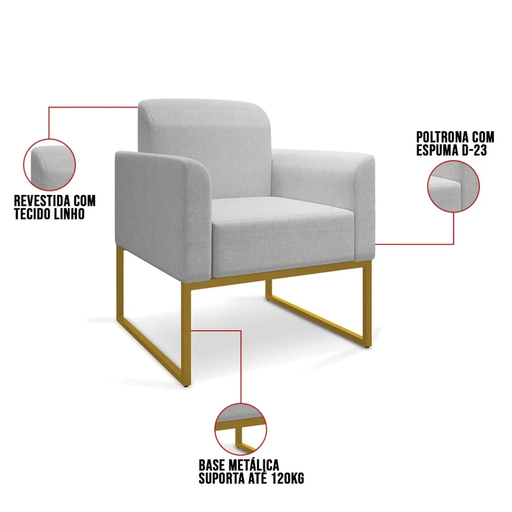 Poltrona Decorativa Base Industrial Dourada Maressa A05 Linho Cinza Claro - Ibiza