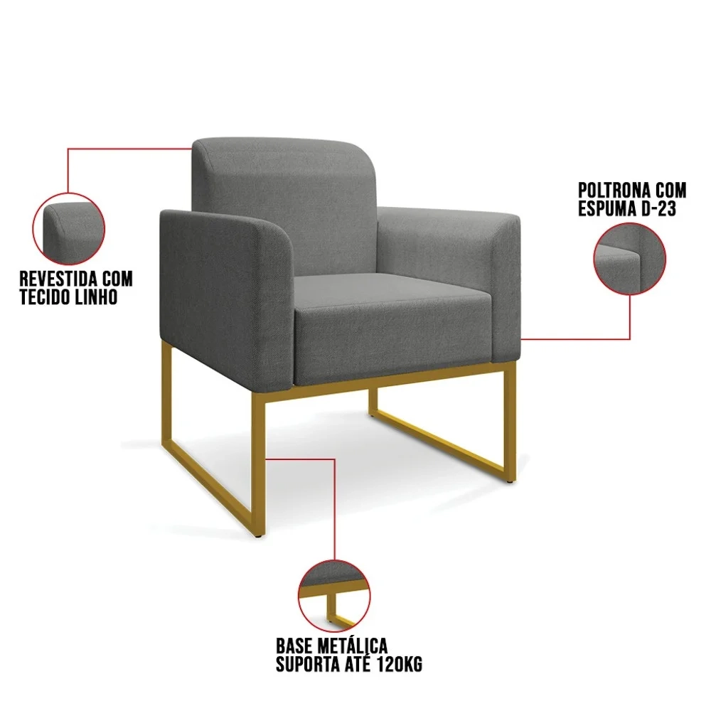 Poltrona Decorativa Base Industrial Dourada Maressa A26 Linho Grafite - Ibiza