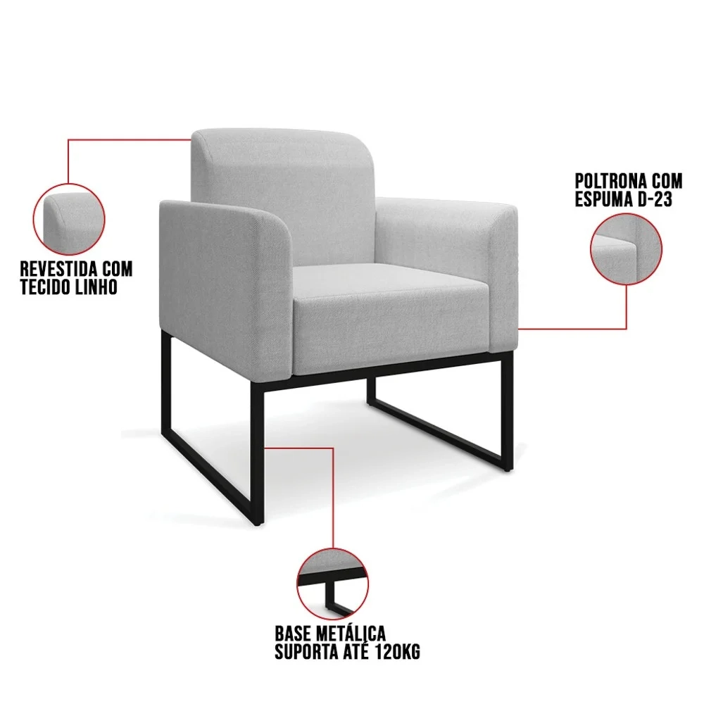 Poltrona Decorativa Base Industrial Preto Maressa A05 Linho Cinza Claro - Ibiza