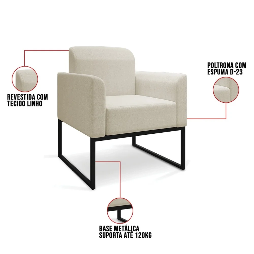 Poltrona Decorativa Base Industrial Preto Maressa A19 Linho Grosso Bege - Ibiza