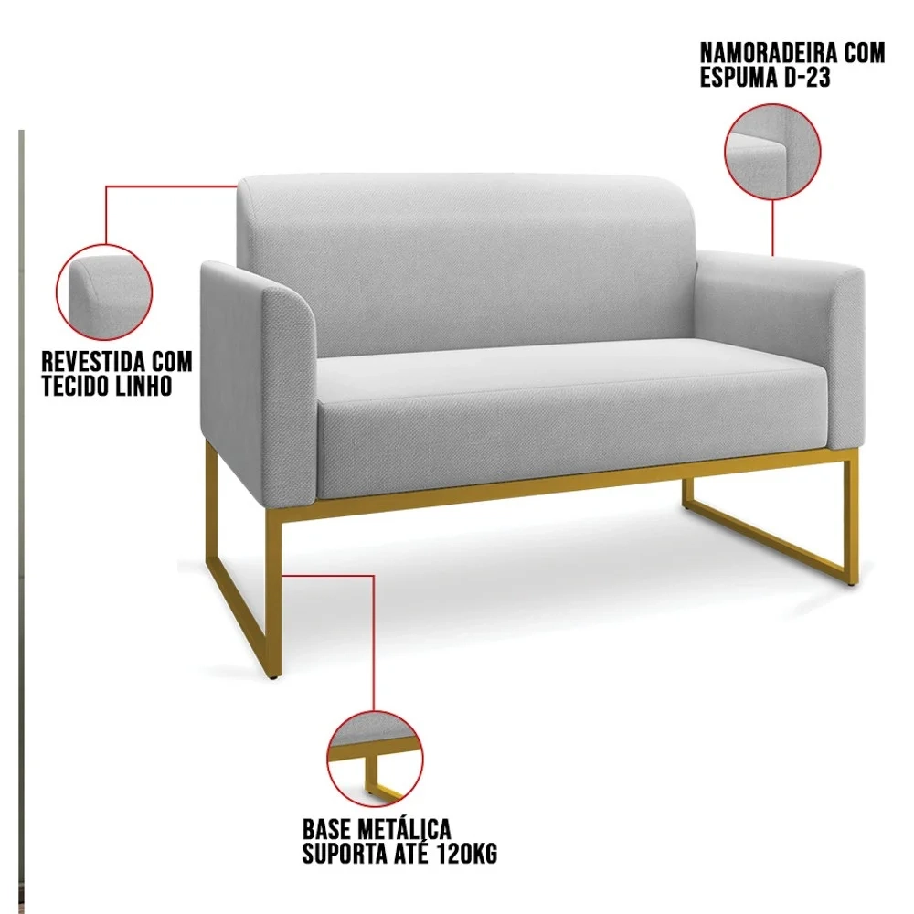 Poltrona Namoradeira 2 Lugares Base Industrial Dourada Maressa A05 Linho Cinza Claro - Ibiza