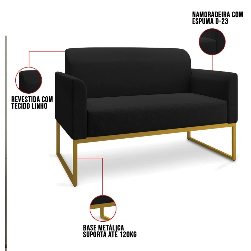 Poltrona Namoradeira 2 Lugares Base Industrial Dourada Maressa A79 Linho Preto - Ibiza