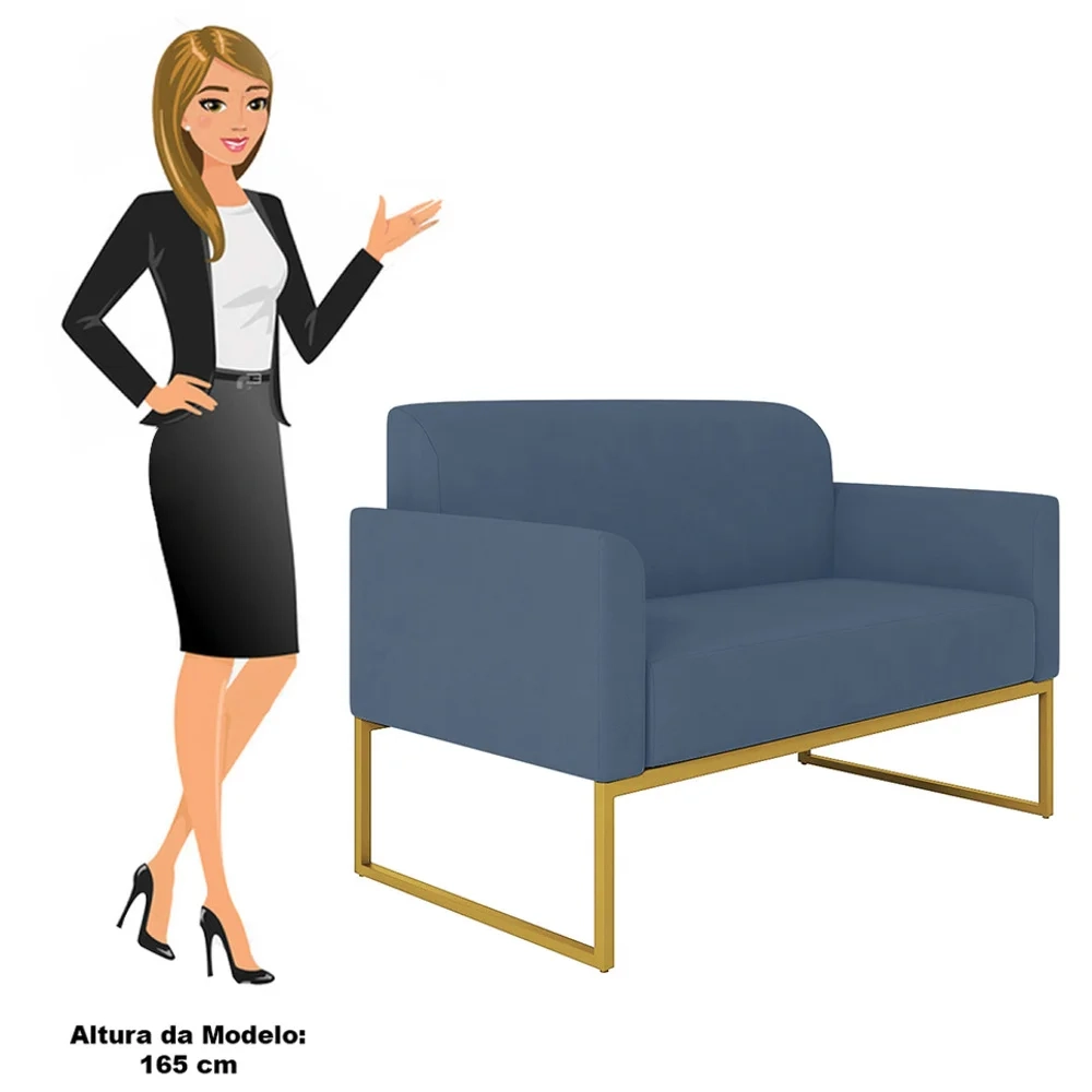 Poltrona Namoradeira 2 Lugares Base Industrial Dourada Maressa S04 Suede Azul Marinho - Ibiza