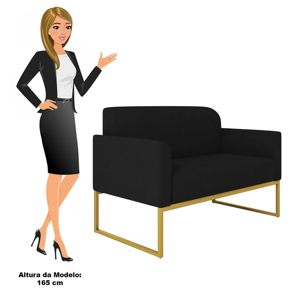 Poltrona Namoradeira 2 Lugares Base Industrial Dourada Maressa S07 Suede Preto - Ibiza