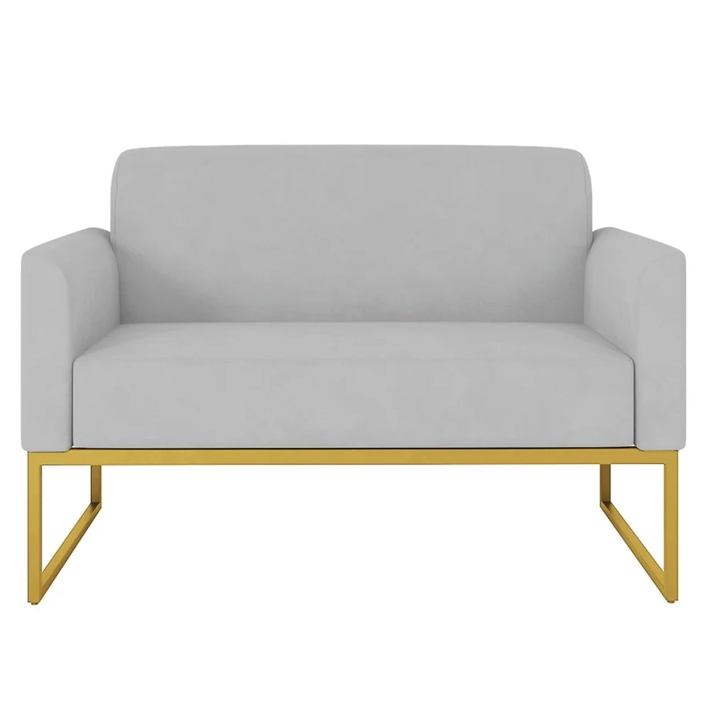 Poltrona Namoradeira 2 Lugares Base Industrial Dourada Maressa S10 Suede Cinza - Ibiza