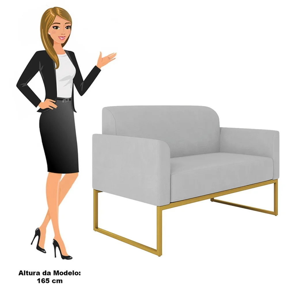 Poltrona Namoradeira 2 Lugares Base Industrial Dourada Maressa S10 Suede Cinza - Ibiza