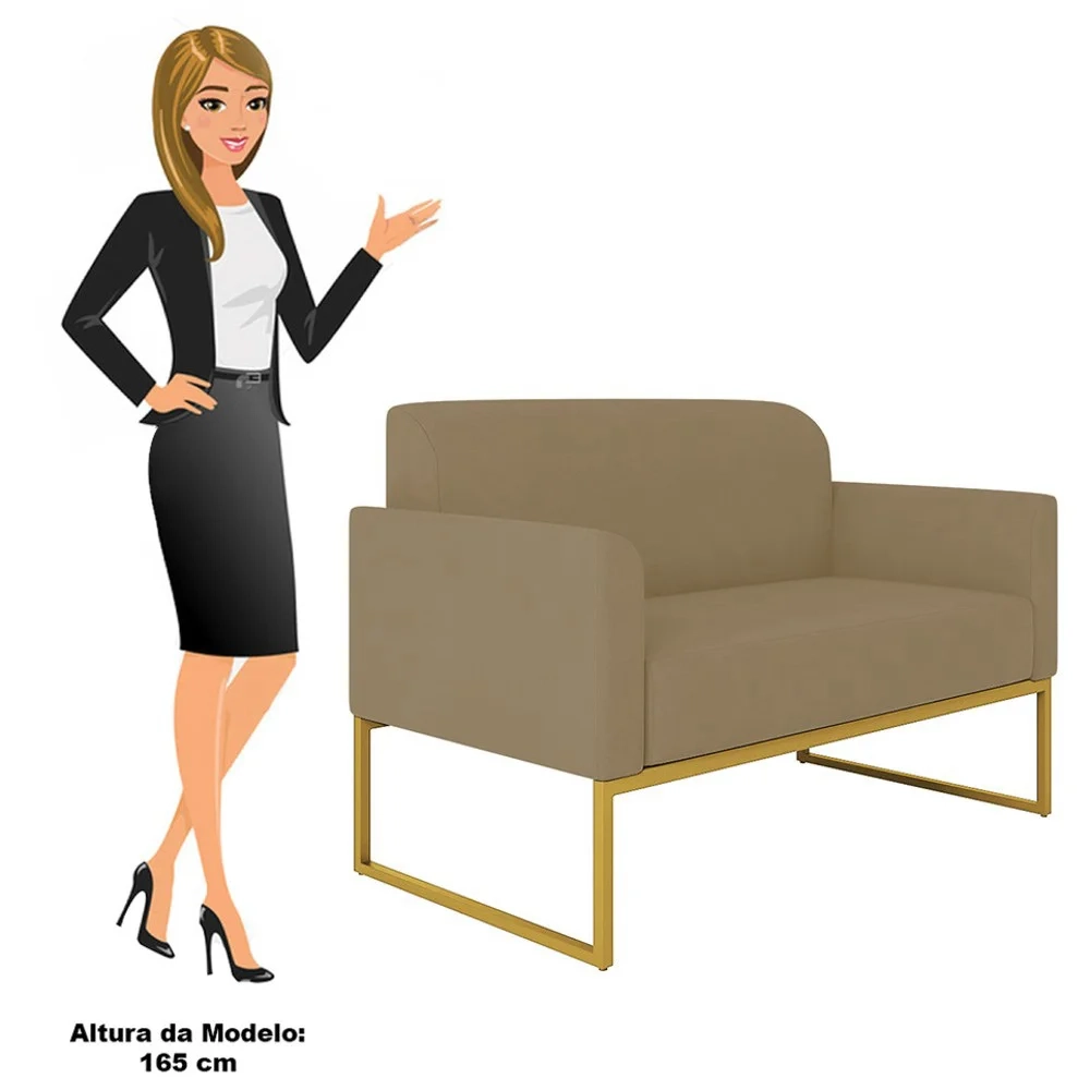 Poltrona Namoradeira 2 Lugares Base Industrial Dourada Maressa S12 Suede Marrom Rato - Ibiza