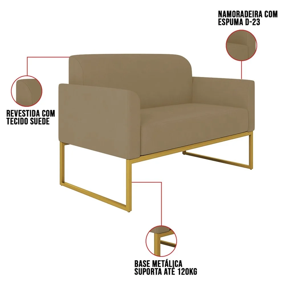 Poltrona Namoradeira 2 Lugares Base Industrial Dourada Maressa S12 Suede Marrom Rato - Ibiza