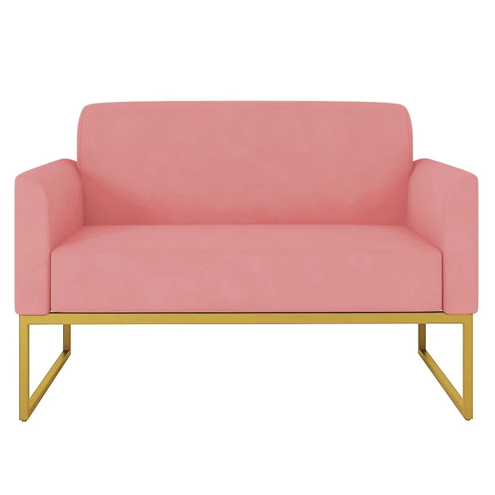 Poltrona Namoradeira 2 Lugares Base Industrial Dourada Maressa S17 Suede Rosê - Ibiza