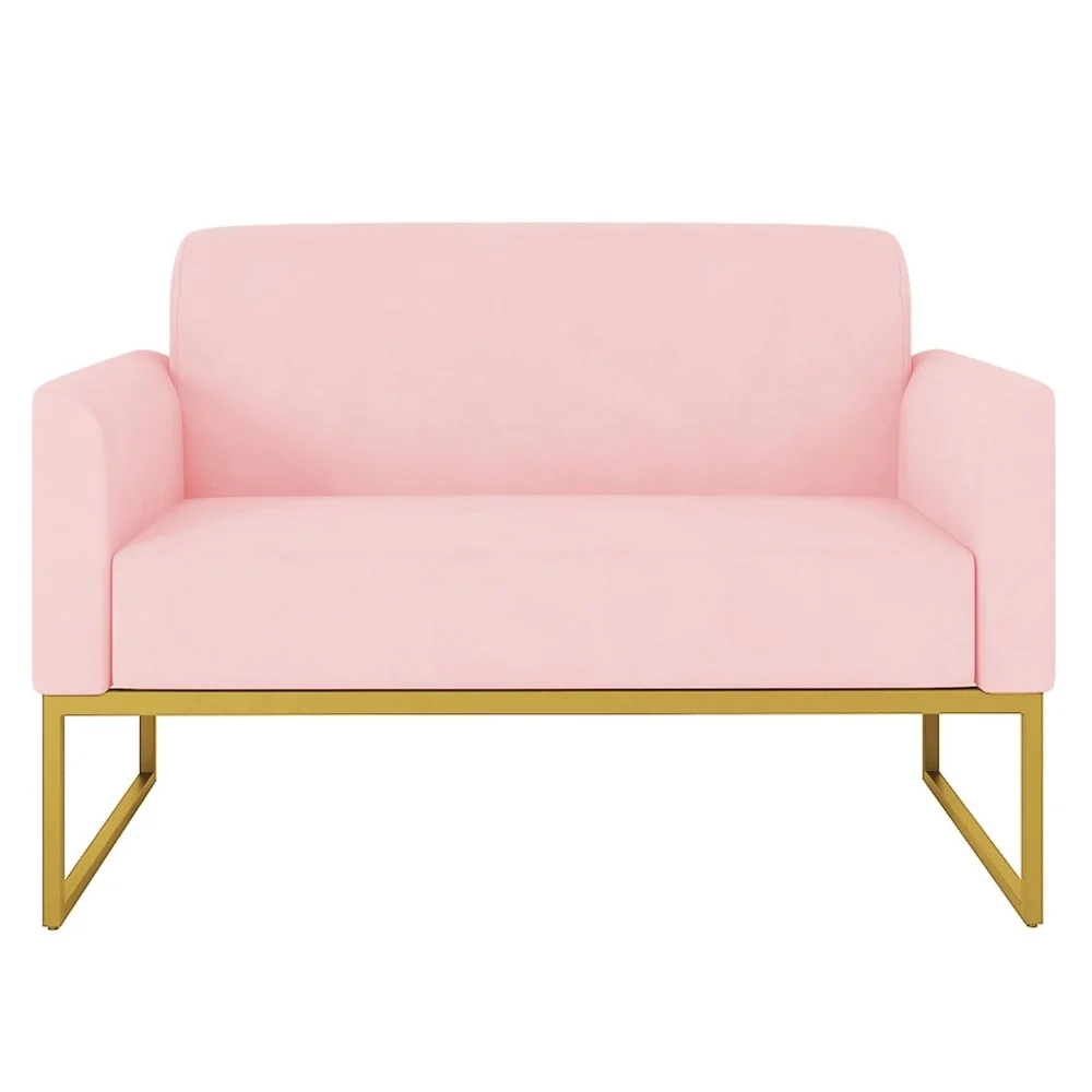 Poltrona Namoradeira 2 Lugares Base Industrial Dourada Maressa S19 Suede Rosa Bebê - Ibiza