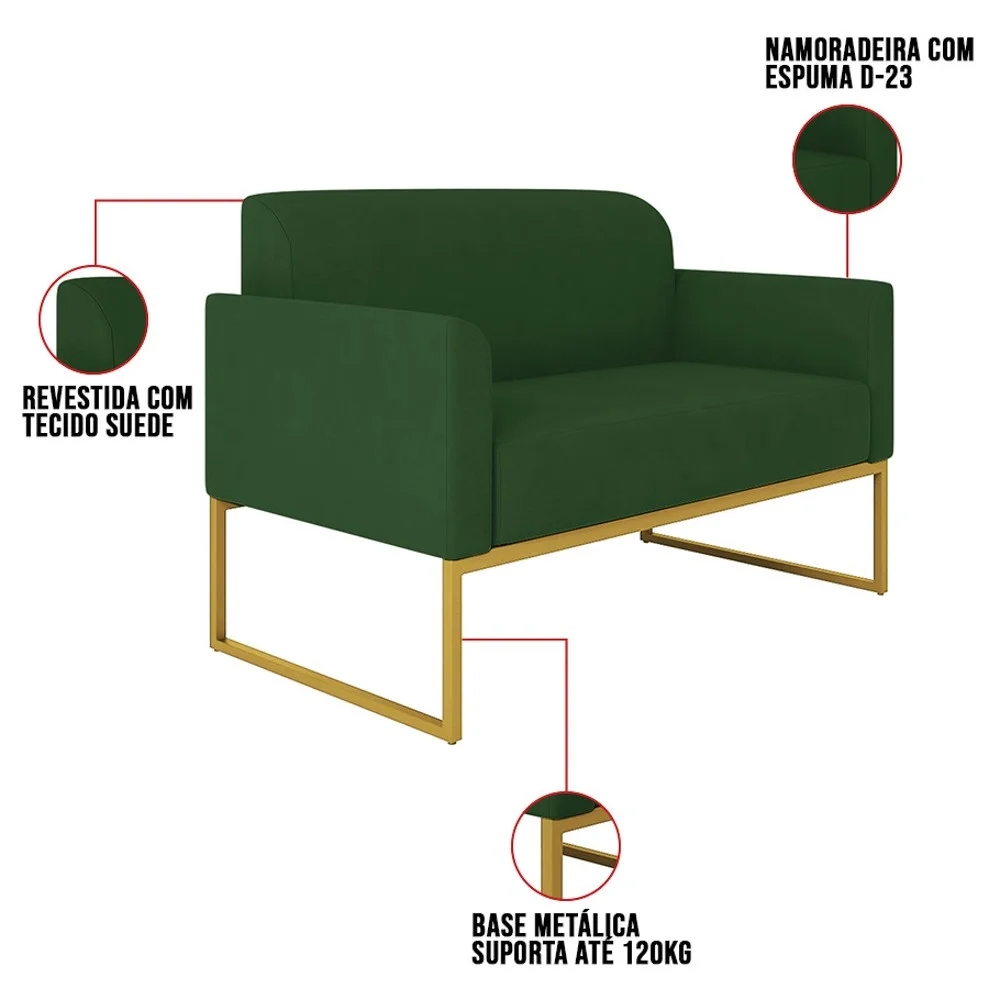 Poltrona Namoradeira 2 Lugares Base Industrial Dourada Maressa S23 Suede Verde - Ibiza