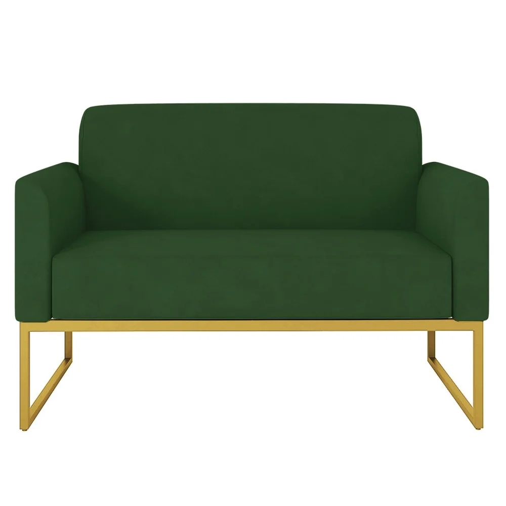Poltrona Namoradeira 2 Lugares Base Industrial Dourada Maressa S23 Suede Verde - Ibiza