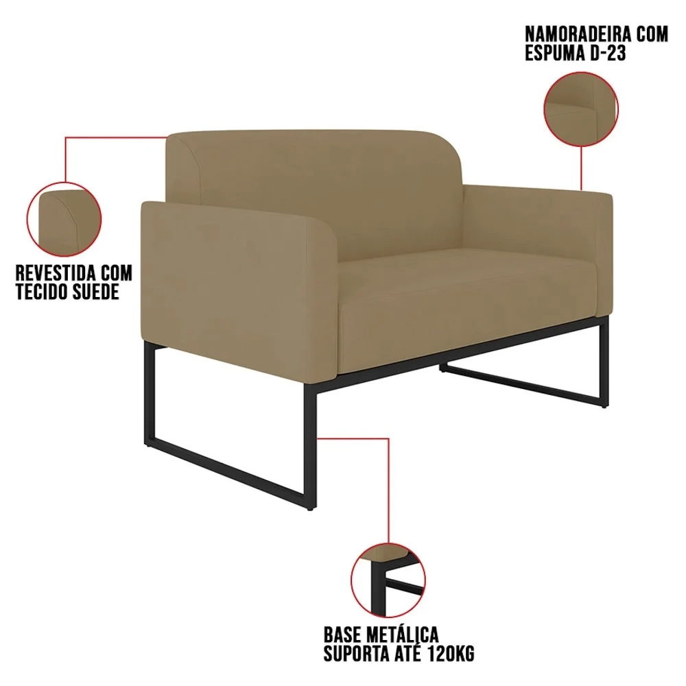 Poltrona Namoradeira 2 Lugares Base Industrial Preta Maressa S12 Suede Marrom Rato - Ibiza