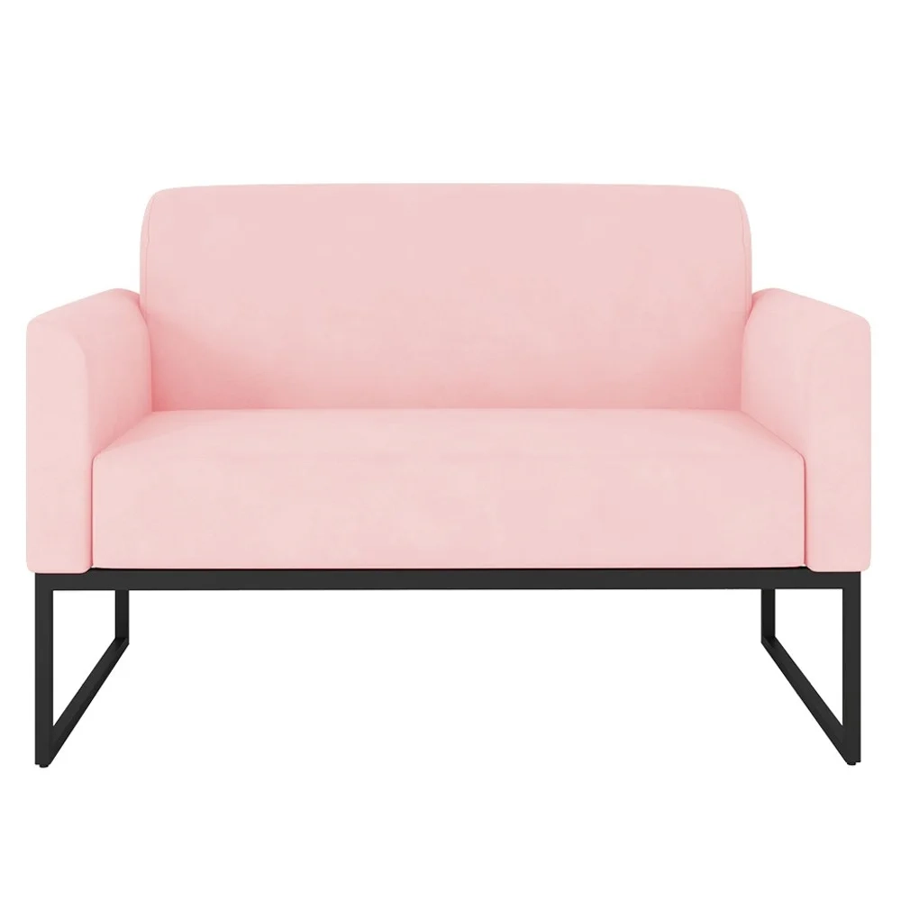 Poltrona Namoradeira 2 Lugares Base Industrial Preta Maressa S19 Suede Rosa Bebê - Ibiza