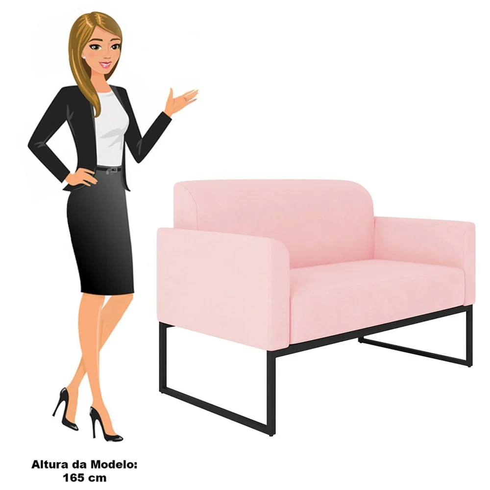 Poltrona Namoradeira 2 Lugares Base Industrial Preta Maressa S19 Suede Rosa Bebê - Ibiza