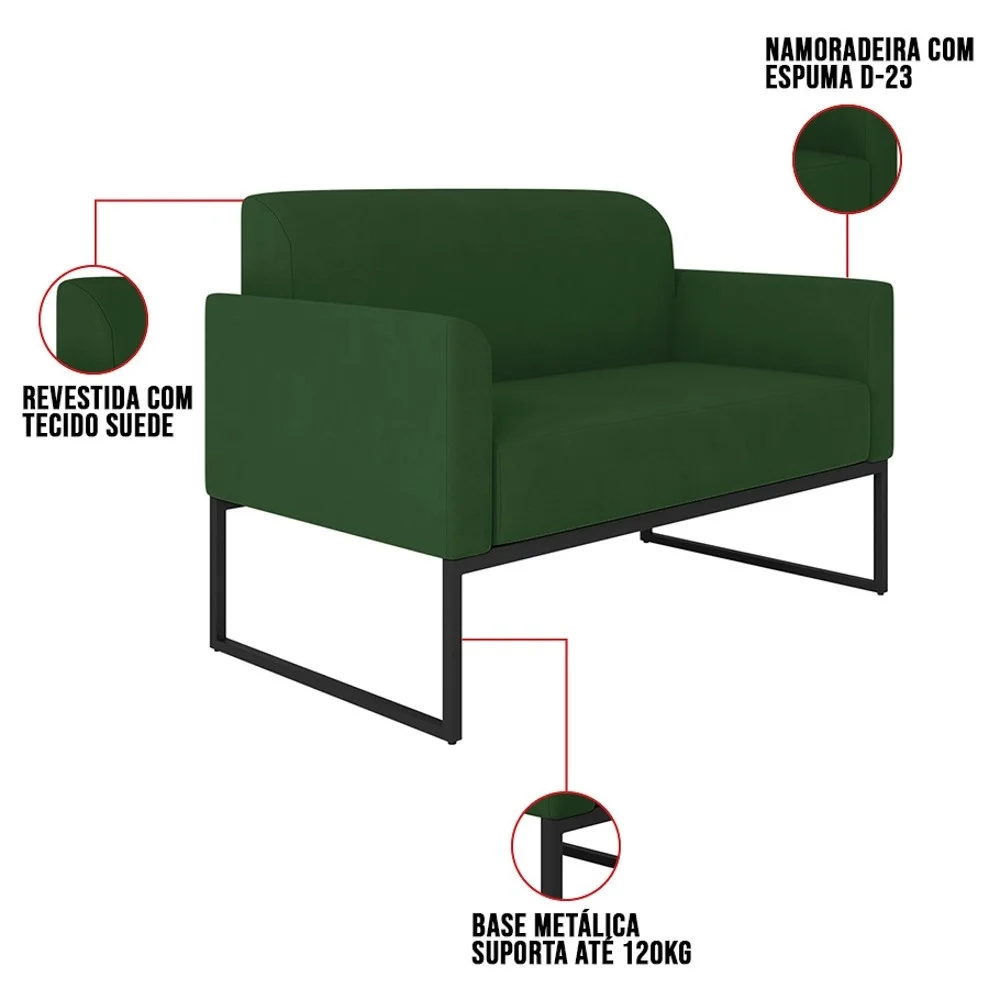 Poltrona Namoradeira 2 Lugares Base Industrial Preta Maressa S23 Suede Verde - Ibiza