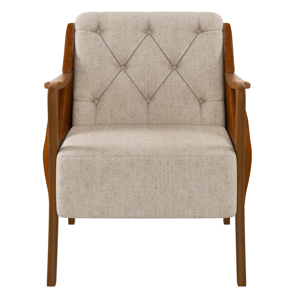 Poltrona Decorativa para Sala de Estar Capitonê Lapa Z32 PU Camel/Linho Cru - Mpozenato