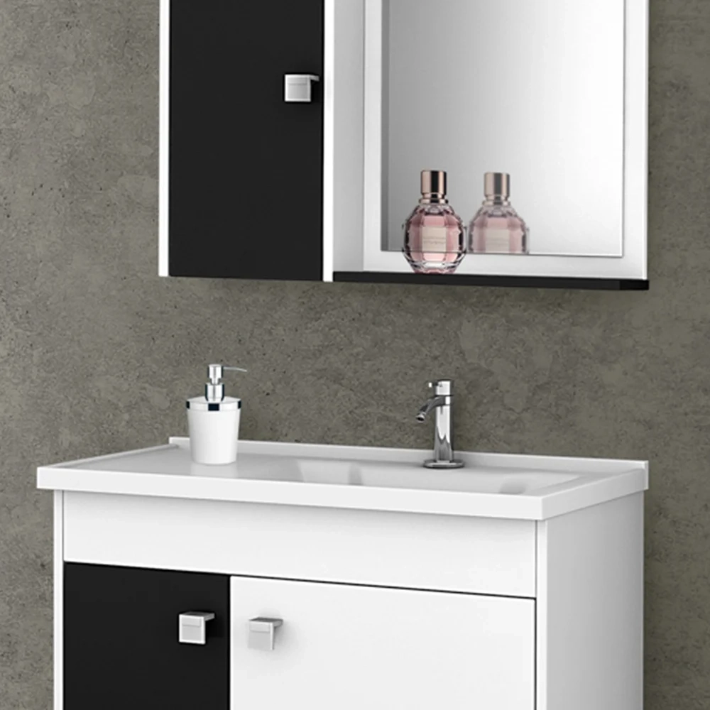 Kit Banheiro Gabinete 56cm Pia e Armário Com Espelho Munique Branco/Preto - Bechara