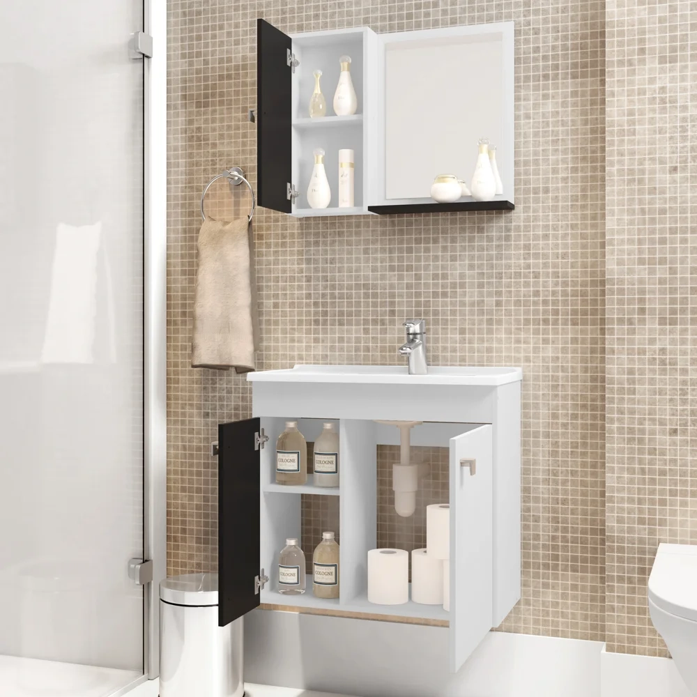 Kit Banheiro Gabinete 56cm Pia e Armário Com Espelho Munique Branco/Preto - Bechara