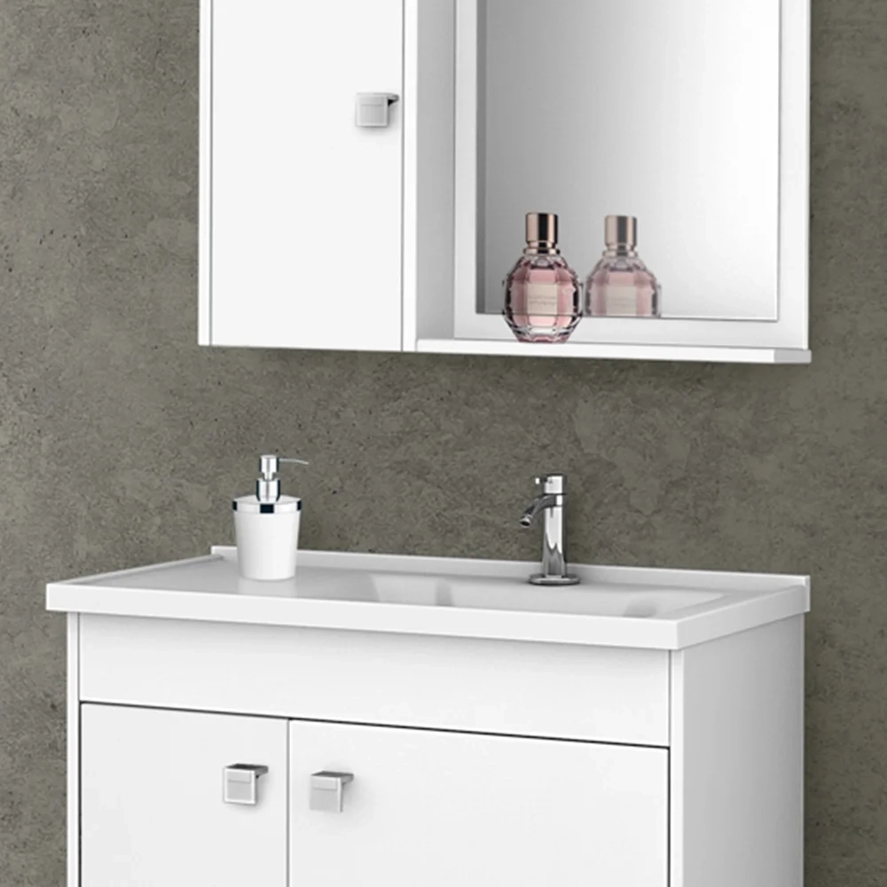 Kit Banheiro Gabinete 56cm Pia e Armário Com Espelho Munique Branco - Bechara