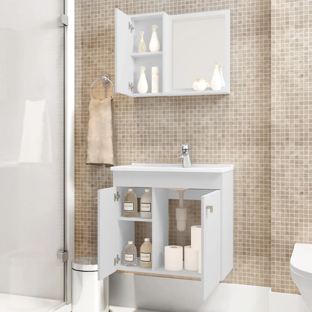 Kit Banheiro Gabinete 56cm Pia e Armário Com Espelho Munique Branco - Bechara