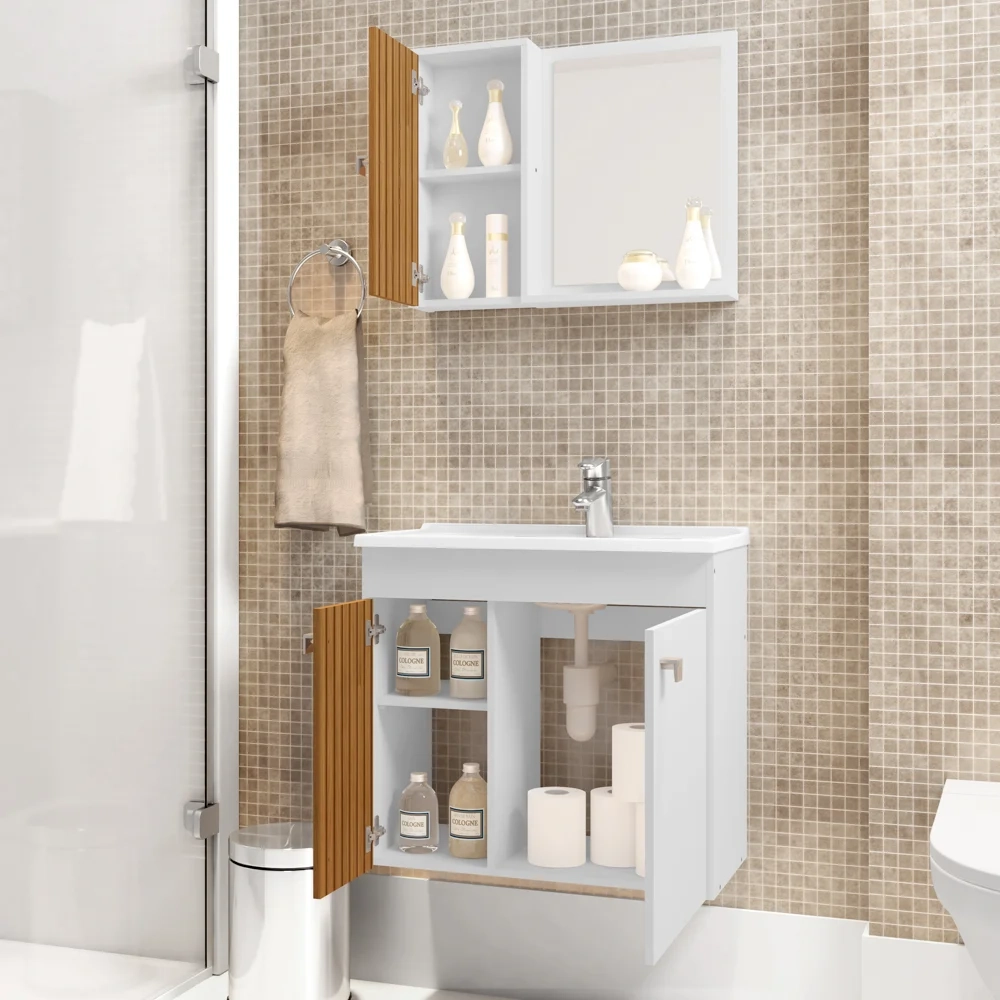 Kit Banheiro Gabinete 56cm Pia e Armário Com Espelho Munique Branco/Ripado - Bechara