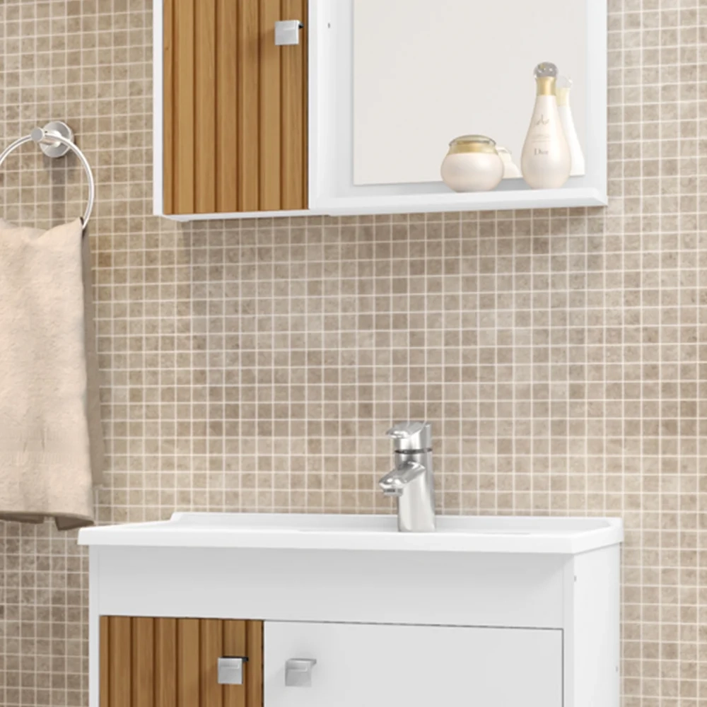 Kit Banheiro Gabinete 56cm Pia e Armário Com Espelho Munique Branco/Ripado - Bechara