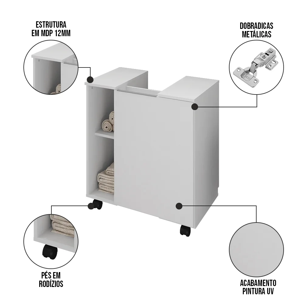 Gabinete Para Banheiro 55cm 1 Porta Com Rodízios Pequin Branco - Bechara