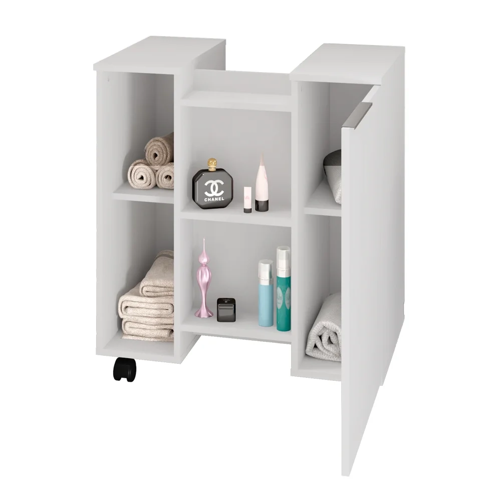 Gabinete Para Banheiro 55cm 1 Porta Com Rodízios Pequin Branco - Bechara