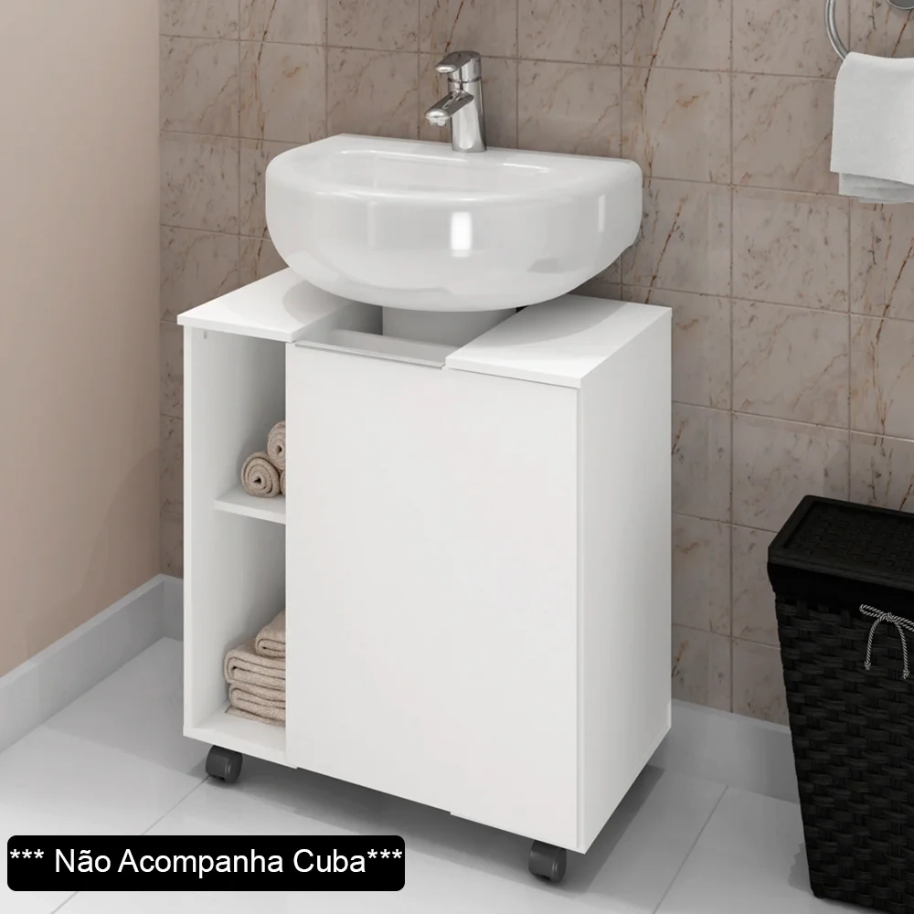 Gabinete Para Banheiro 55cm 1 Porta Com Rodízios Pequin Branco - Bechara