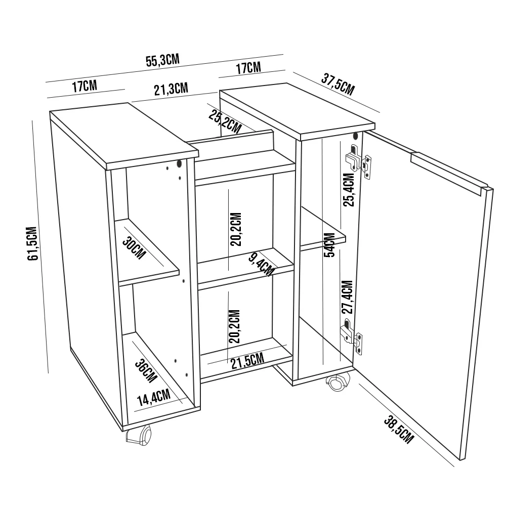 Gabinete Para Banheiro 55cm 1 Porta Com Rodízios Pequin Branco/Ripado - Bechara