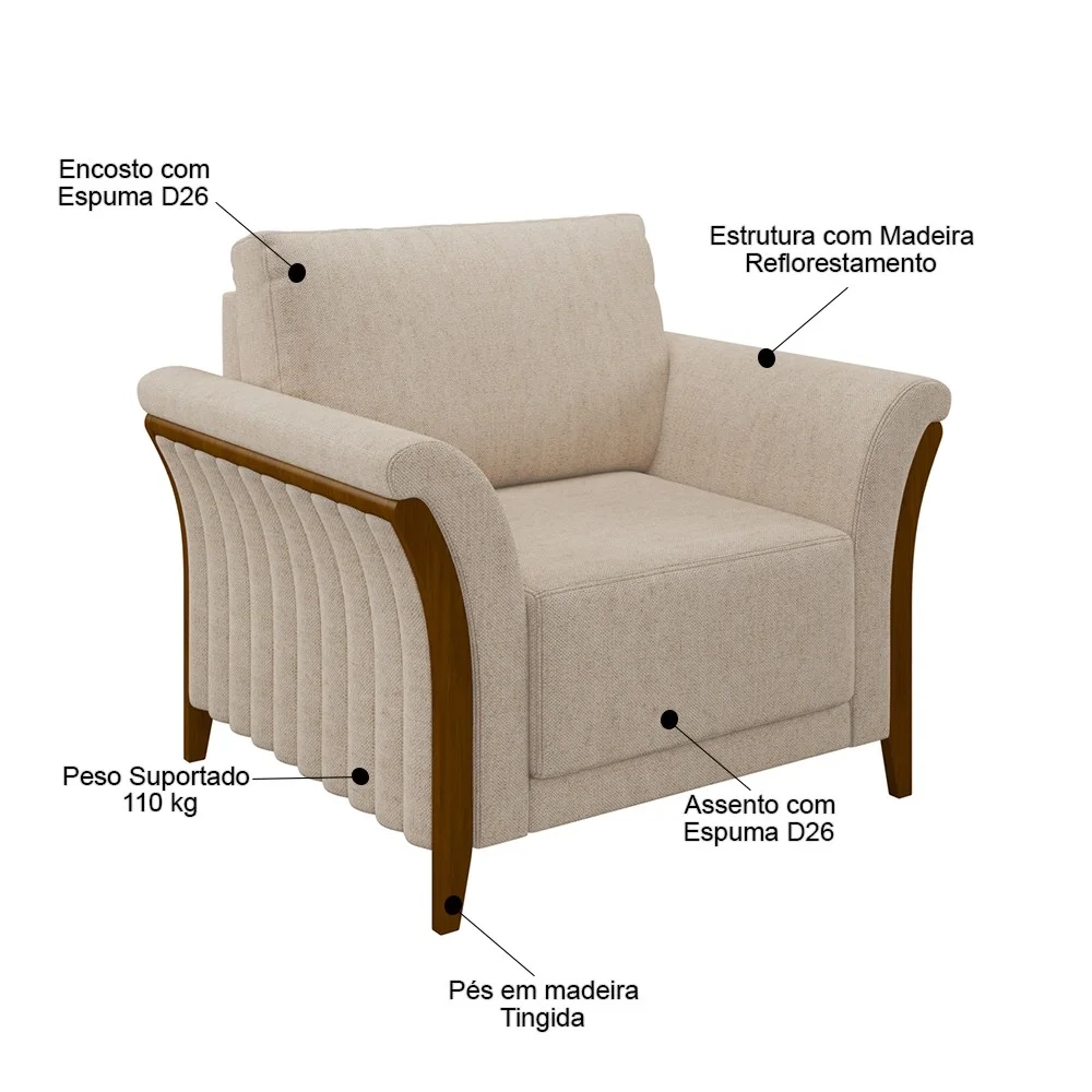 Poltrona Decorativa Sala de Estar 102cm Pés Madeira Roya Z32 Linho Cru - Mpozenato