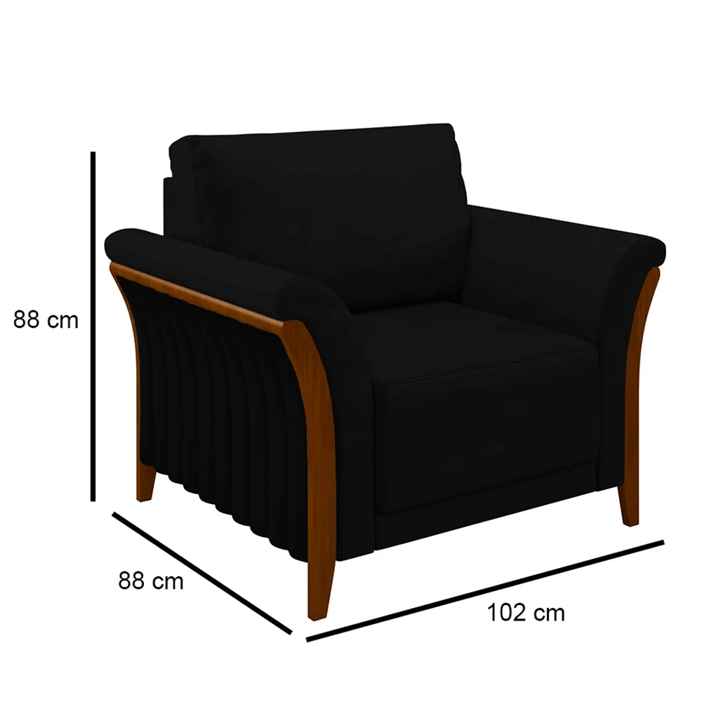 Poltrona Decorativa Sala de Estar 102cm Pés Madeira Roya Z32 Veludo Preto - Mpozenato