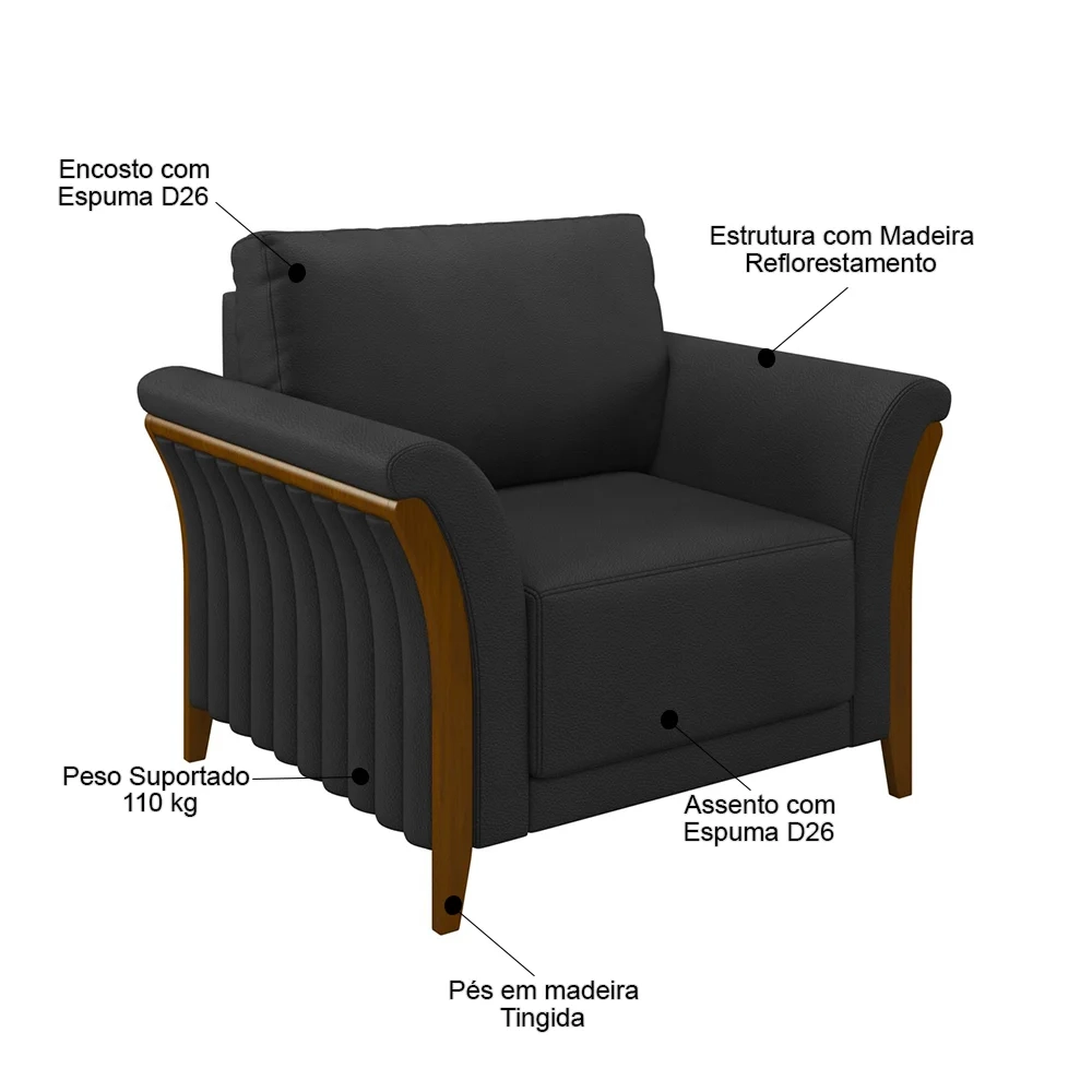 Poltrona Decorativa Sala de Estar 102cm Pés Madeira Roya Z32 PU Preto - Mpozenato