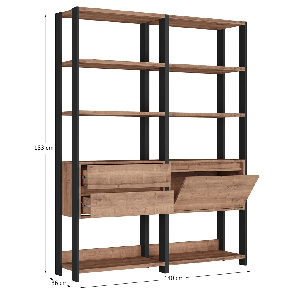 Estante Livreiro 1 Porta 2 Gavetas Estilo Industrial Chess F04 Preto/Solanum - Mpozenato