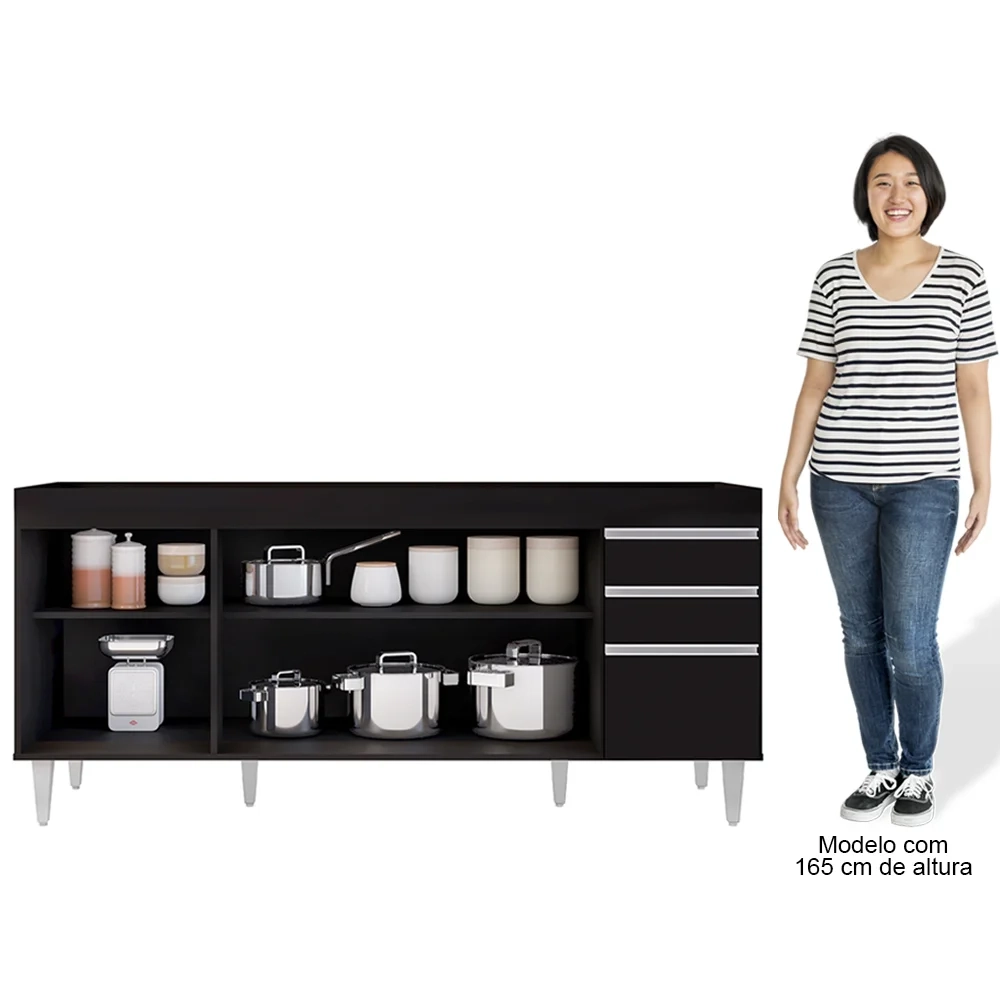 Balcão Gabinete Para Pia 180cm Sem Tampo Dallas Preto - Lumil