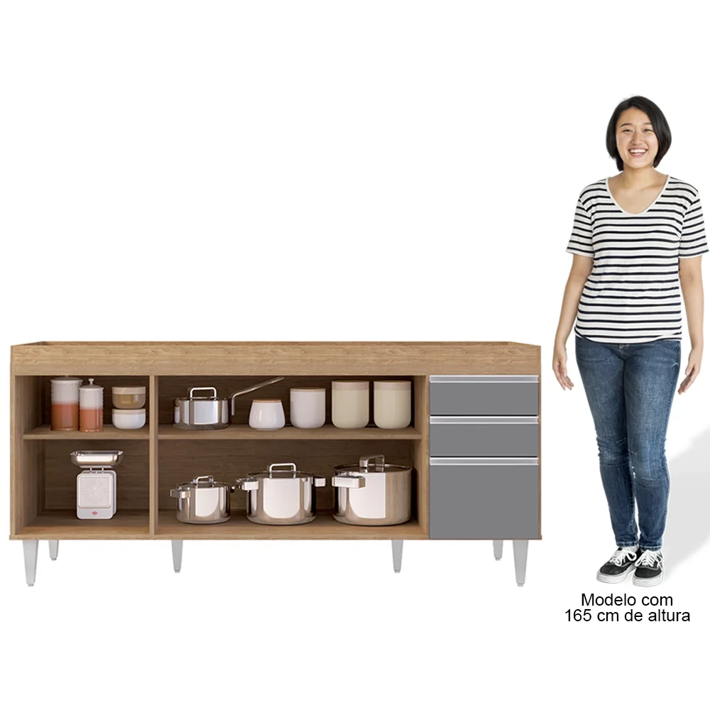 Balcão Gabinete Para Pia 180cm Sem Tampo Dallas Castanho/Cinza - Lumil