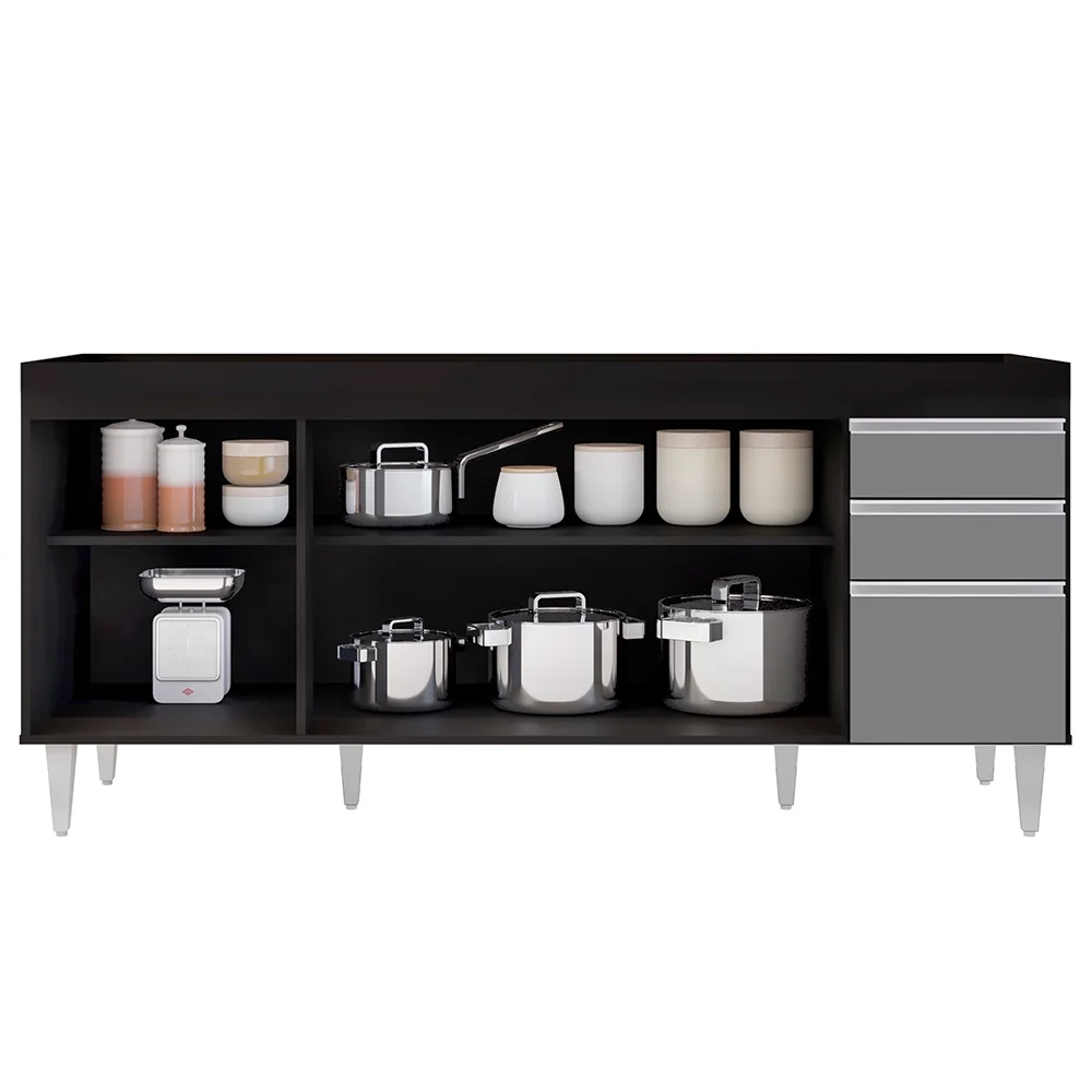 Balcão Gabinete Para Pia 180cm Sem Tampo Dallas Preto/Cinza - Lumil