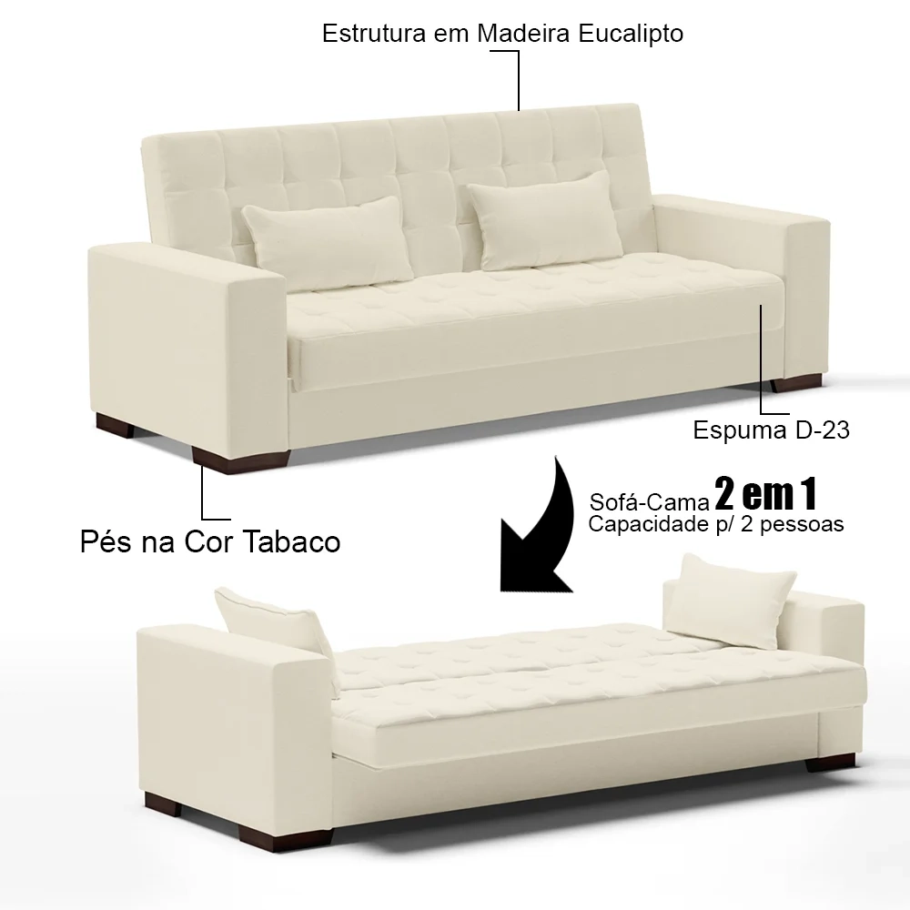 Sofá Cama para Sala de Estar Lisboa Linho Bege - Ibiza