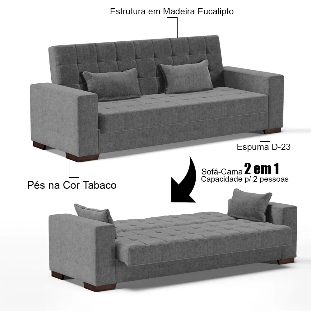 Sofá Cama para Sala de Estar Lisboa Linho Grafite - Ibiza