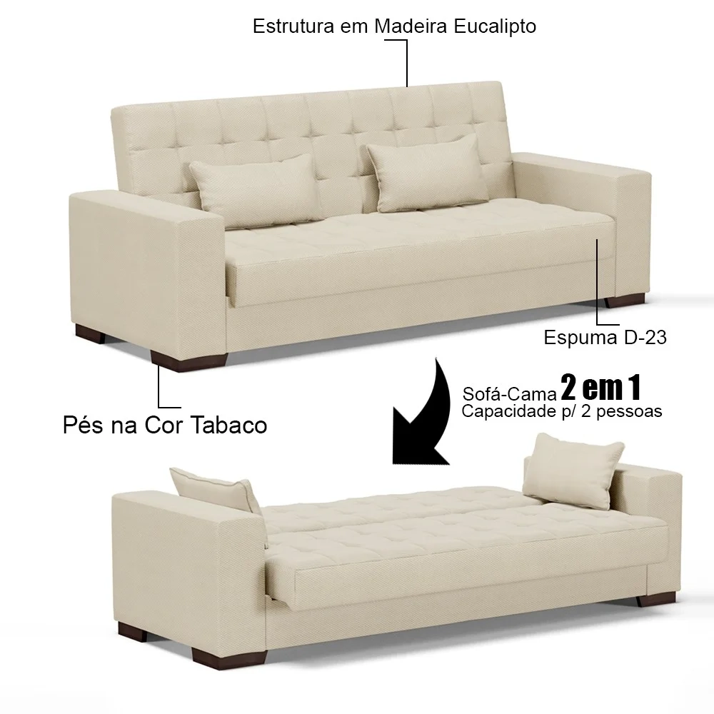 Sofá Cama para Sala de Estar Lisboa Veludo Off White - Ibiza