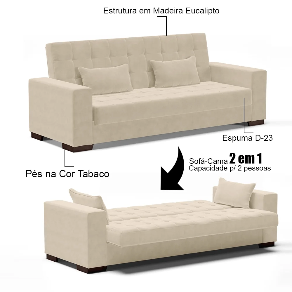 Sofá Cama para Sala de Estar Lisboa Suede Bege - Ibiza