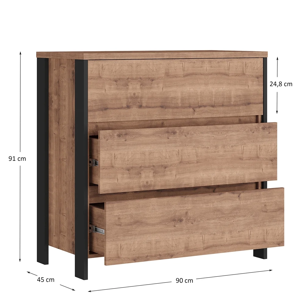 Cômoda 3 Gavetas Estilo Industrial Chess F04 Preto/Solanum - Mpozenato